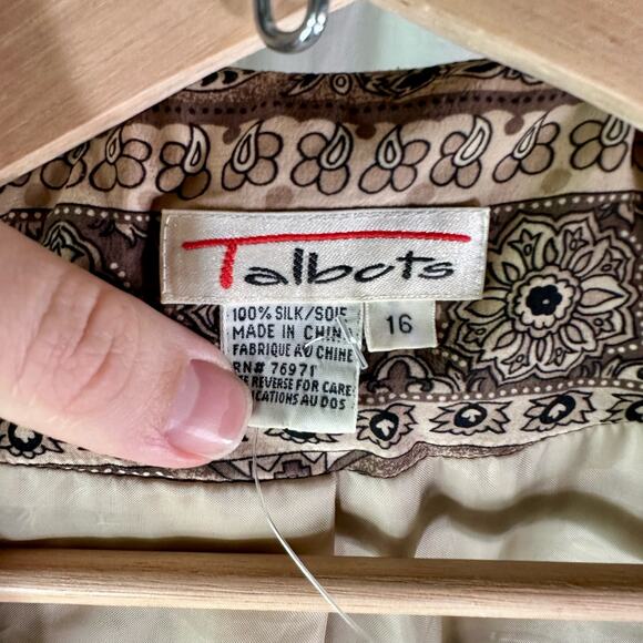 Talbots Women's 16 Vintage Label 100% Silk Tan & Brown One Button Blazer Jacket - Picture 3 of 9